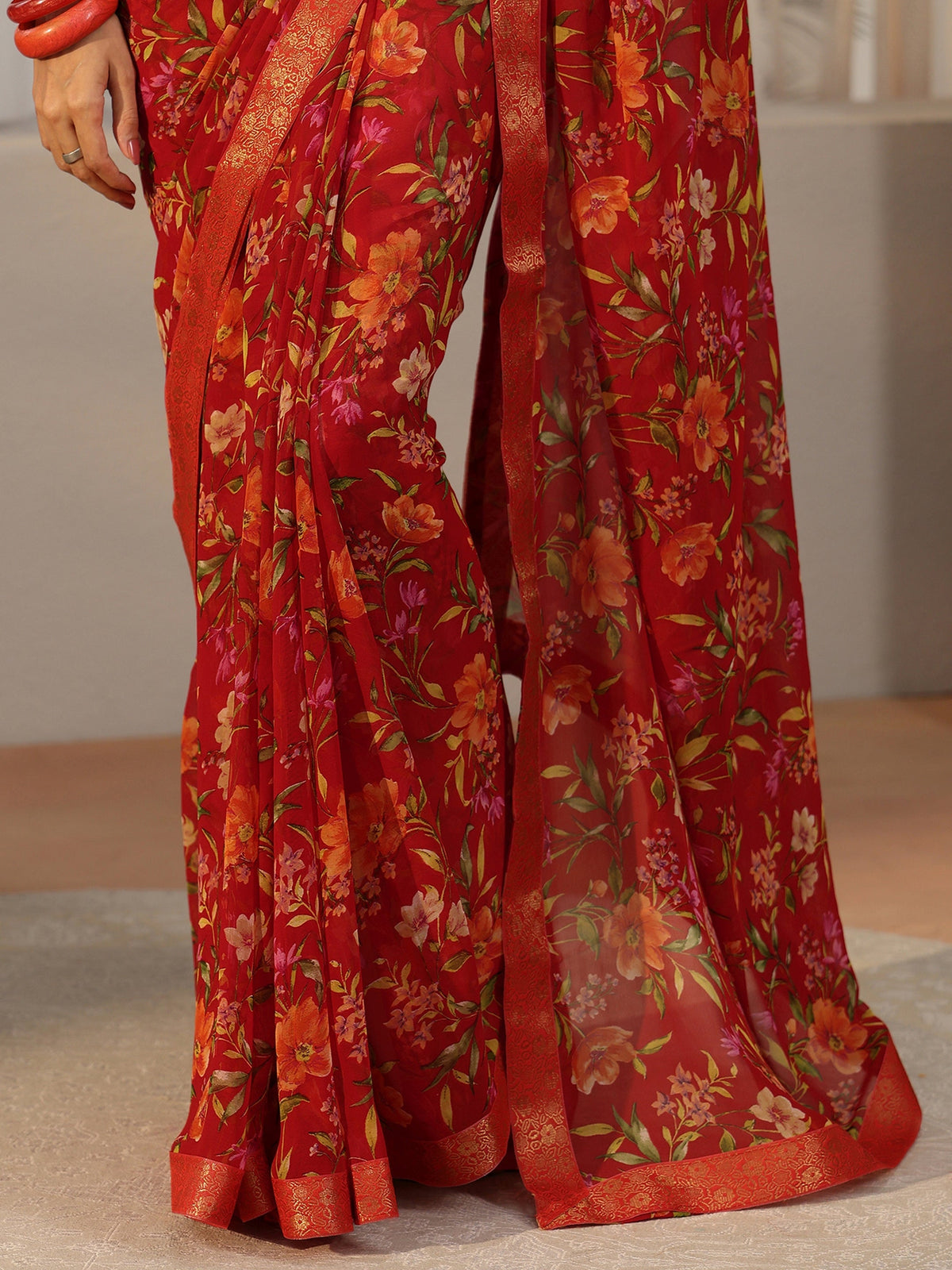 Anouk Vermilion Red Floral Printed Georgette Saree
