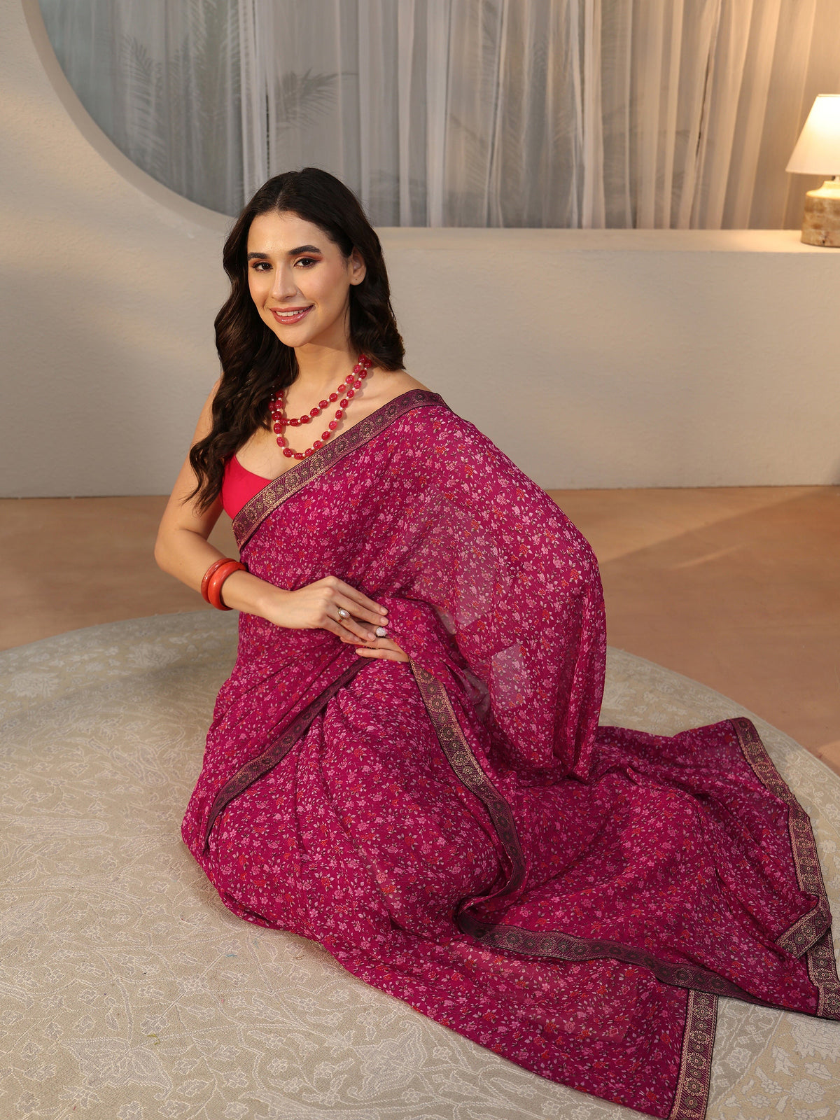 Anouk Magenta Pink Floral Printed Georgette Saree