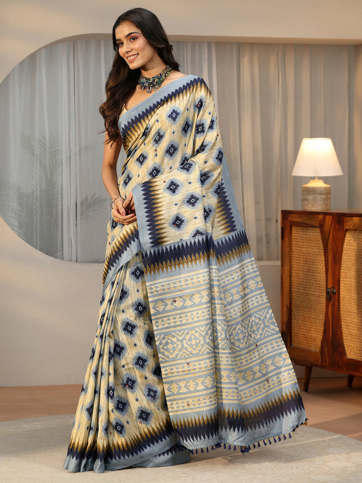 Anouk Beige Ikat Printed Cotton Blend Saree