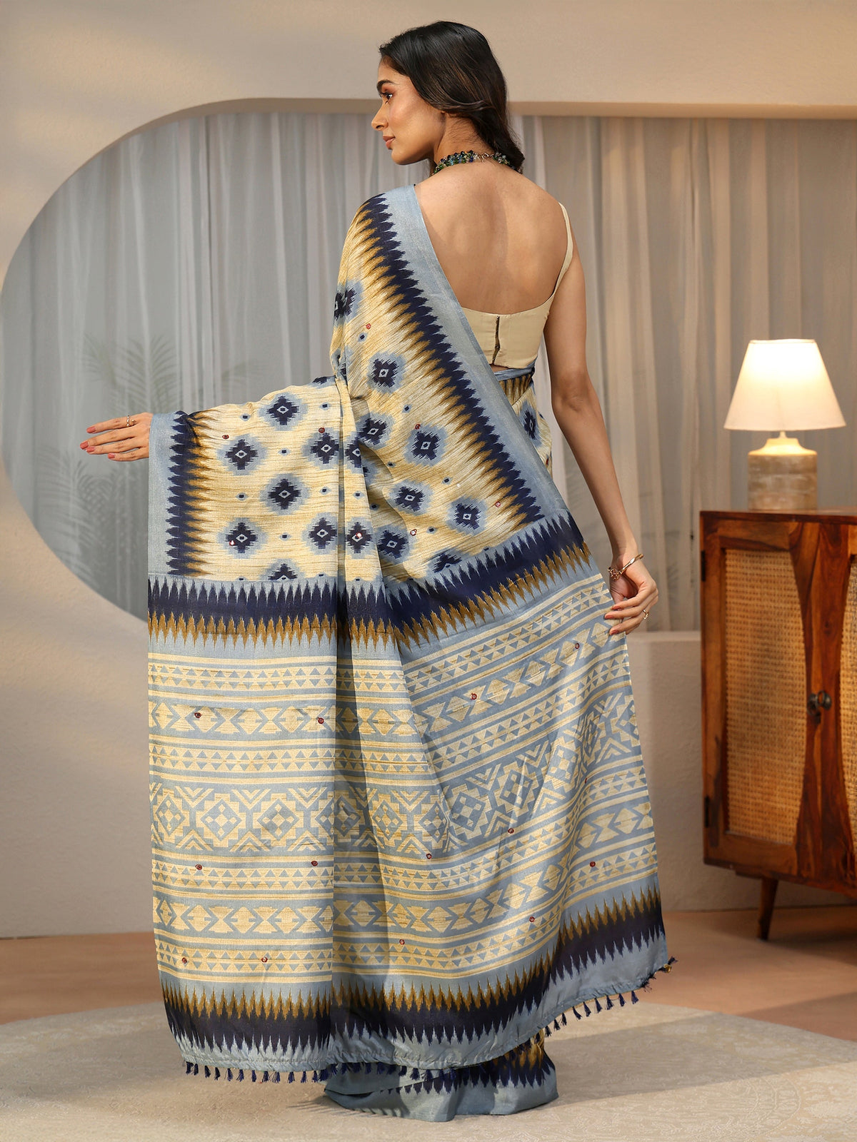 Anouk Beige Ikat Printed Cotton Blend Saree