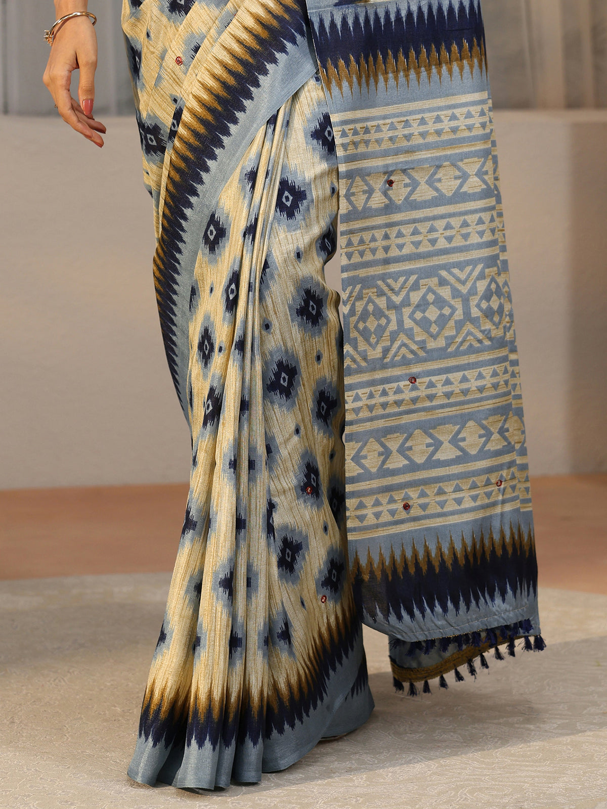 Anouk Beige Ikat Printed Cotton Blend Saree