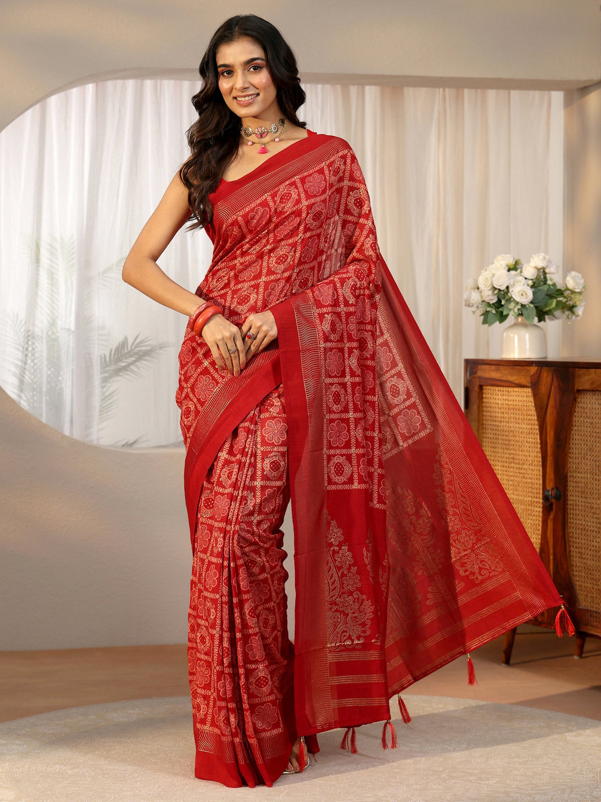 Anouk Vermilion Red Gharchola Silk Blend Saree