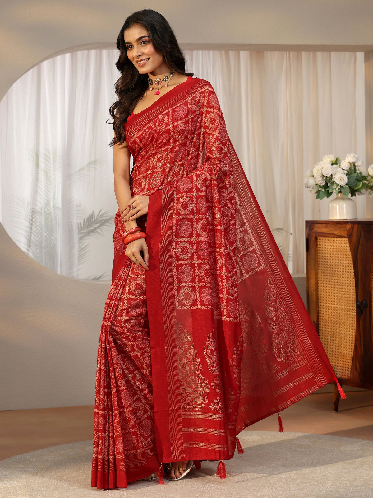 Anouk Vermilion Red Gharchola Silk Blend Saree