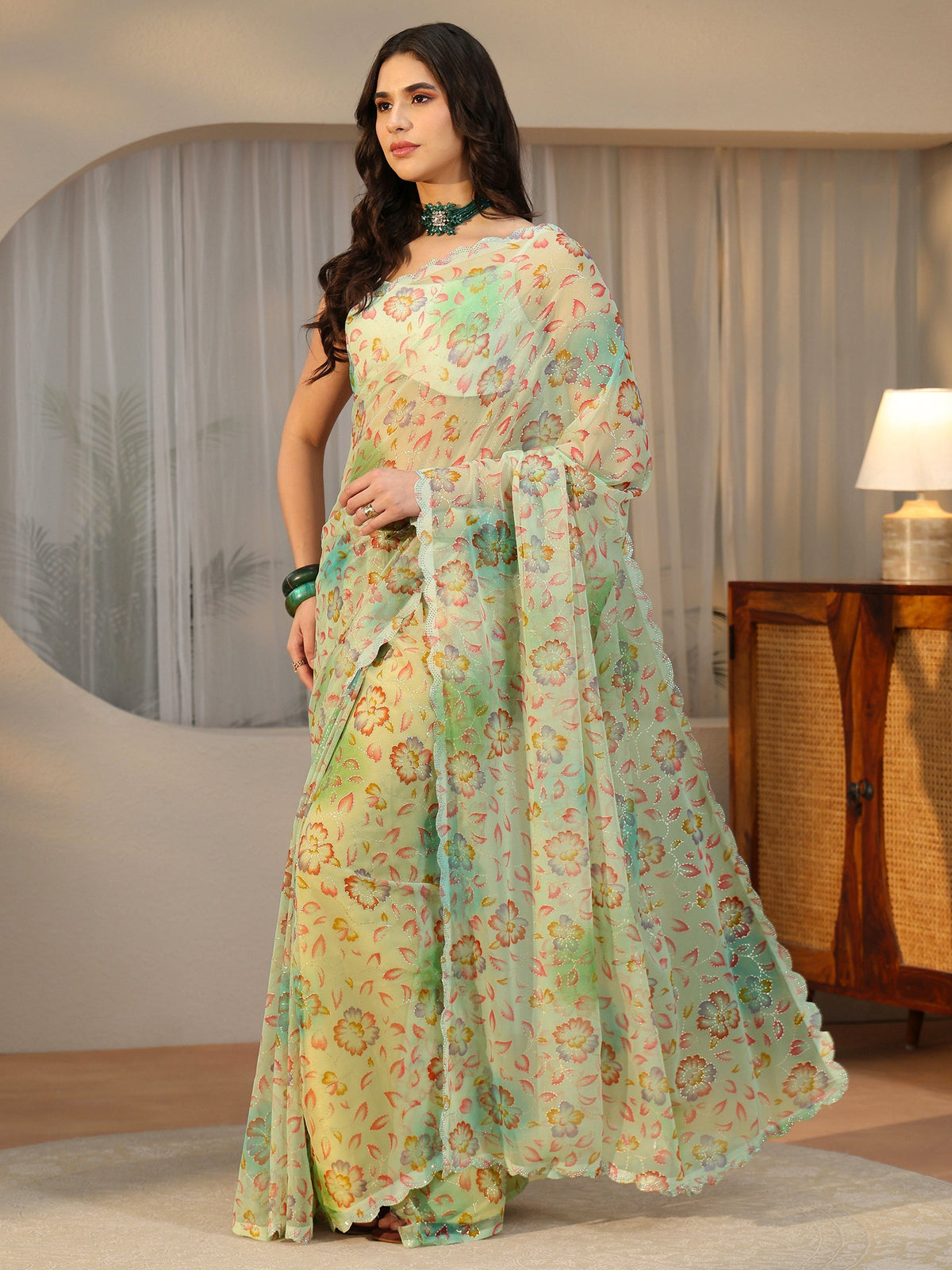Anouk Mint Green Floral Printed Georgette Saree