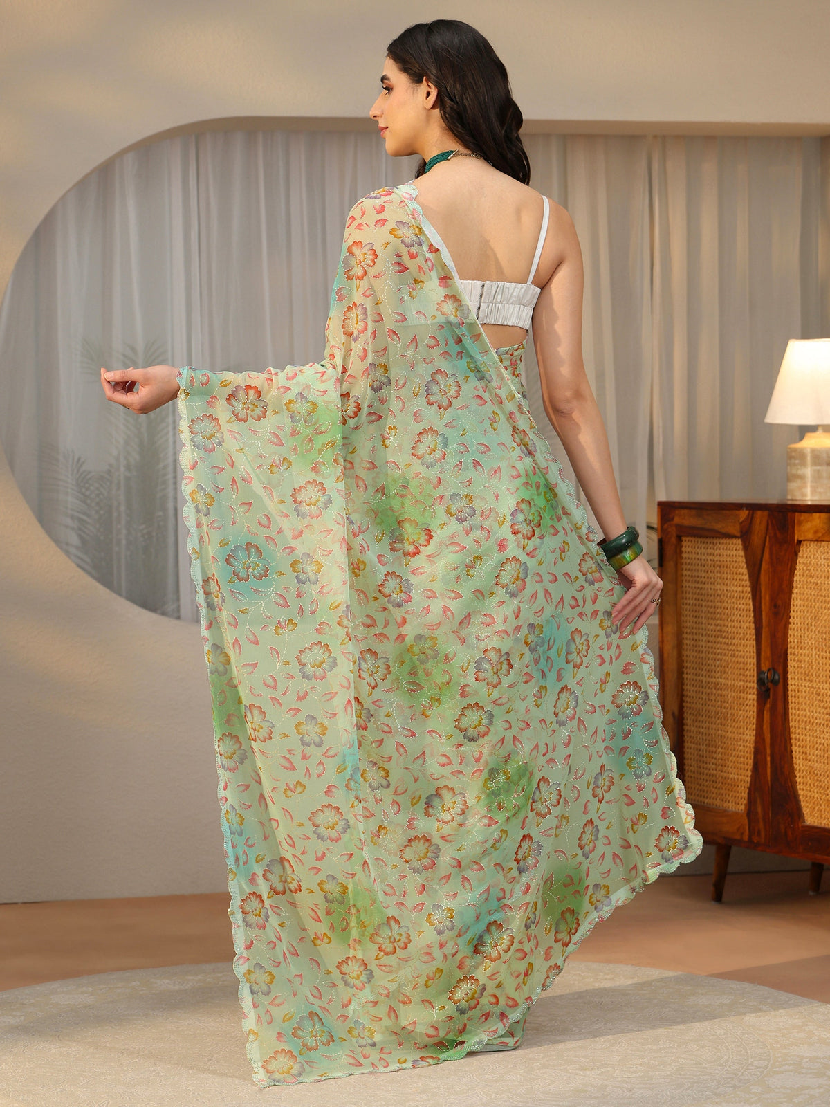 Anouk Mint Green Floral Printed Georgette Saree