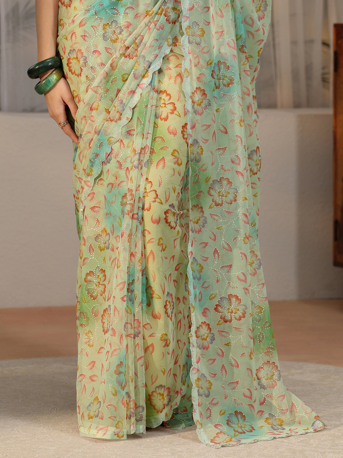 Anouk Mint Green Floral Printed Georgette Saree