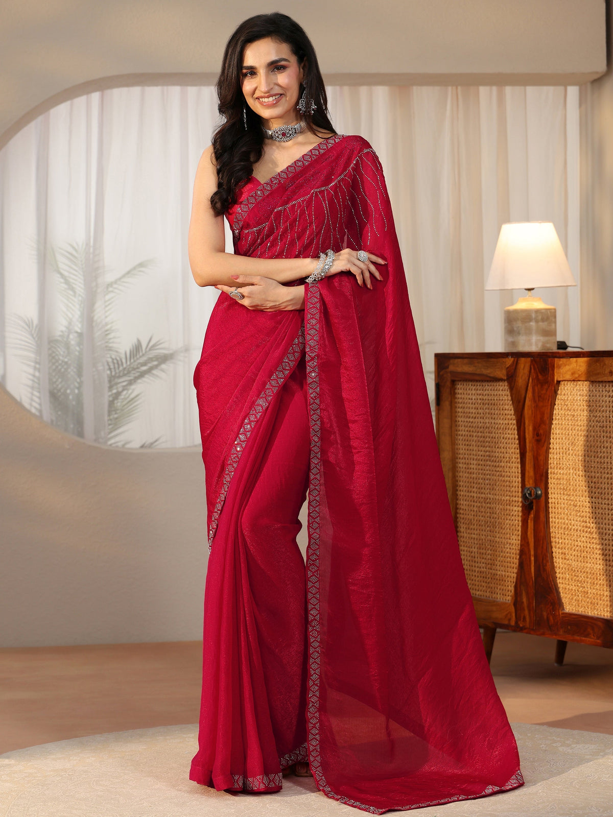 Anouk Deep Magenta Pink Embellished Tissue Saree