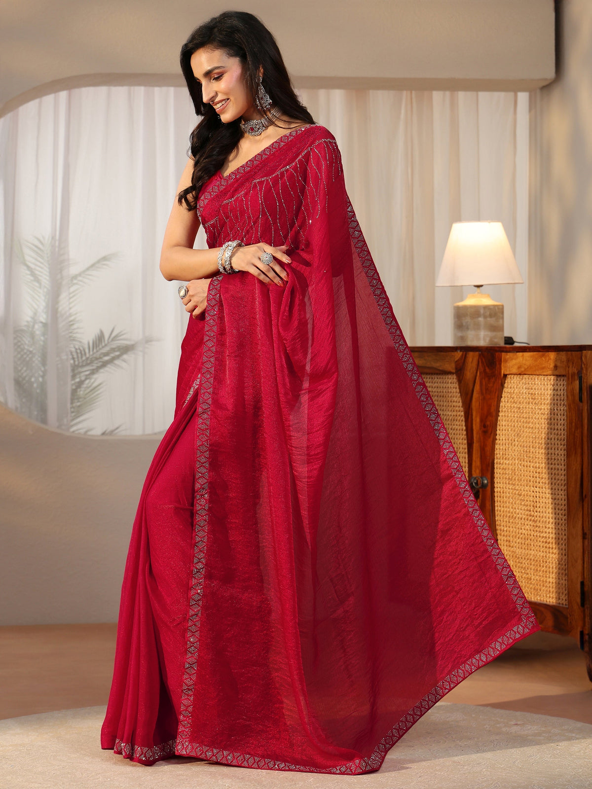 Anouk Deep Magenta Pink Embellished Tissue Saree
