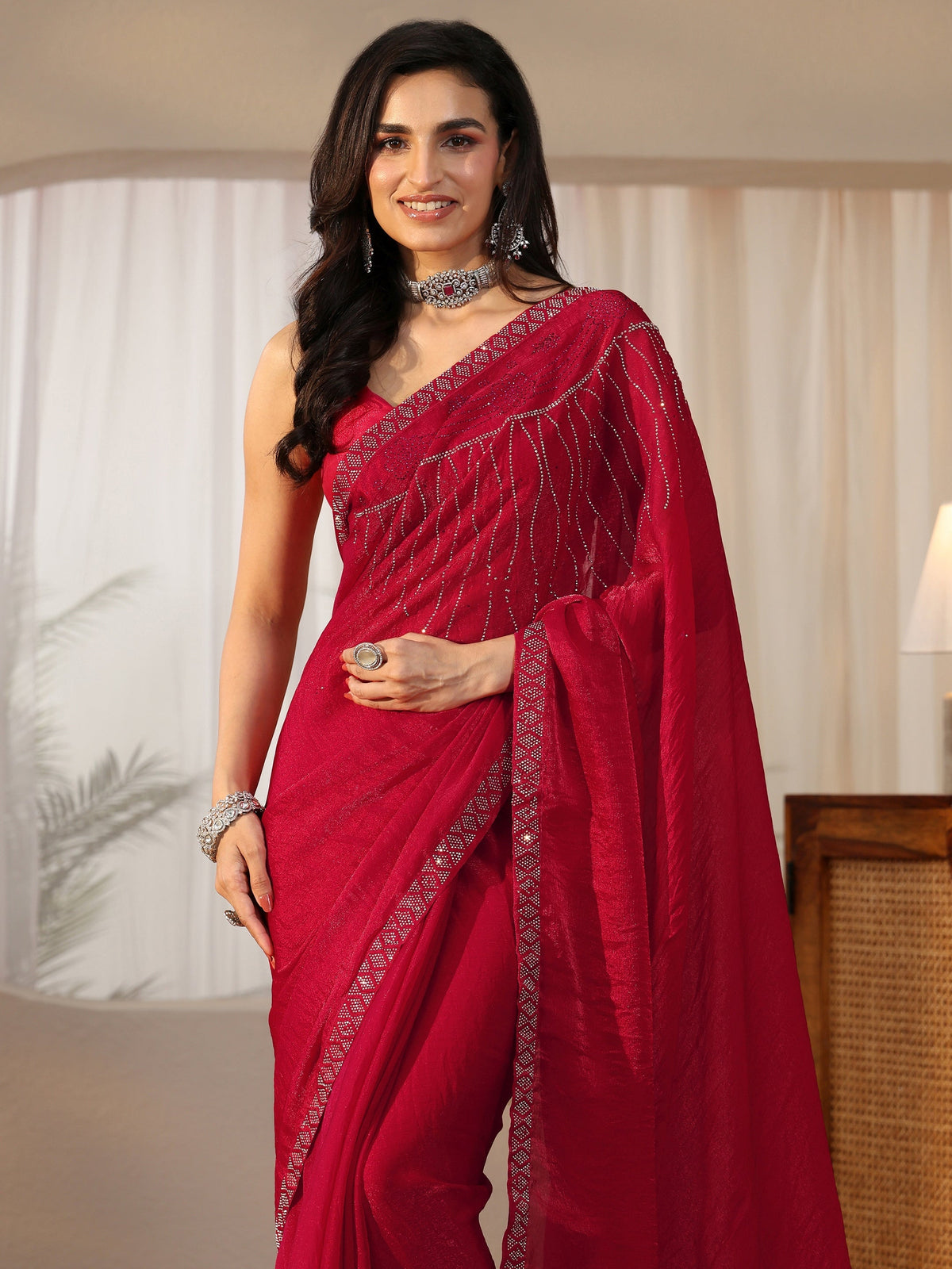 Anouk Deep Magenta Pink Embellished Tissue Saree