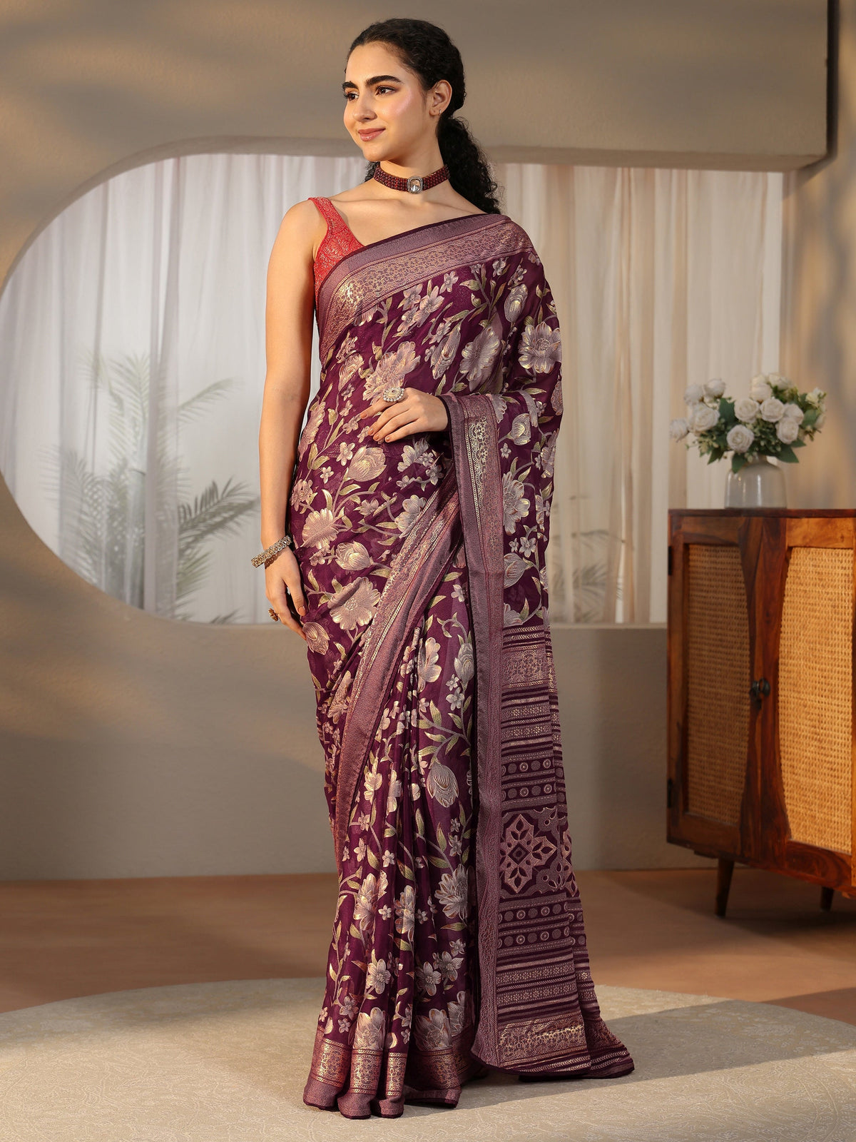 Anouk Burgundy Floral Printed Silk Blend Saree with Woven Border