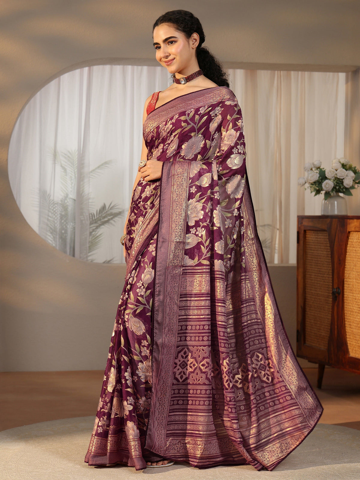 Anouk Burgundy Floral Printed Silk Blend Saree with Woven Border