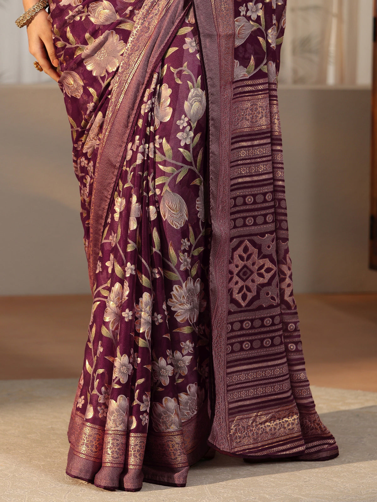 Anouk Burgundy Floral Printed Silk Blend Saree with Woven Border