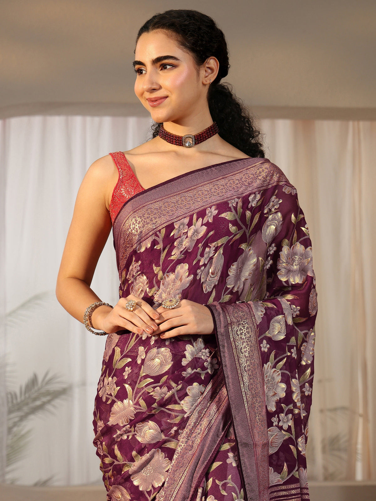 Anouk Burgundy Floral Printed Silk Blend Saree with Woven Border