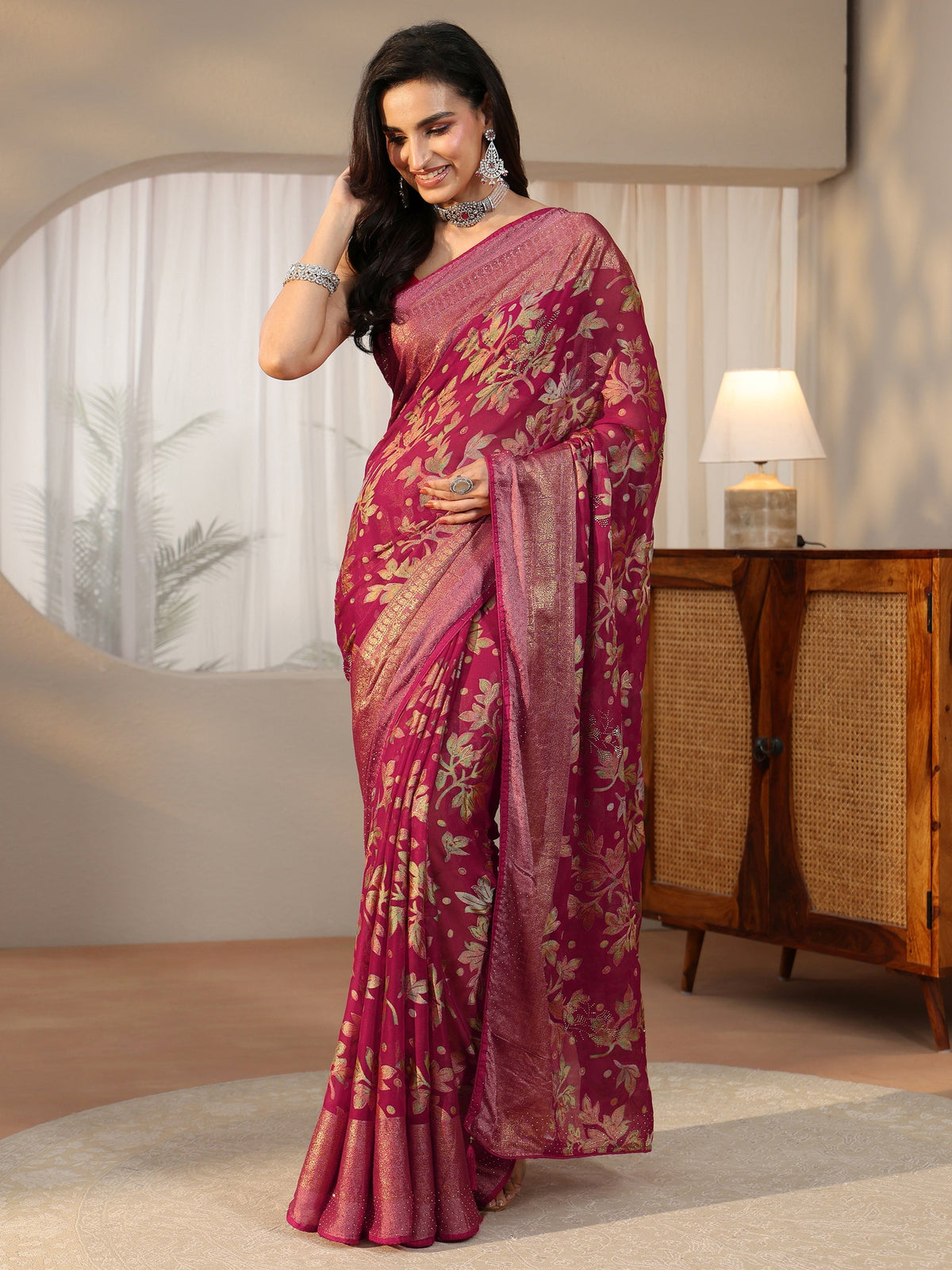 Anouk Crimson Red Floral Printed Silk Blend Saree with Woven Border