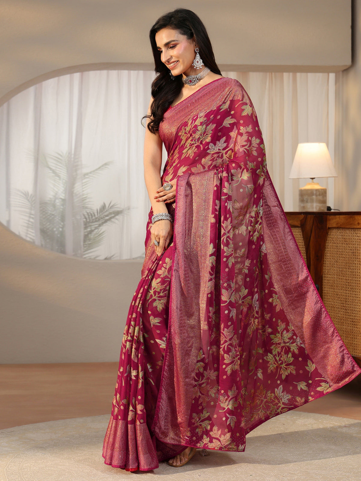 Anouk Crimson Red Floral Printed Silk Blend Saree with Woven Border