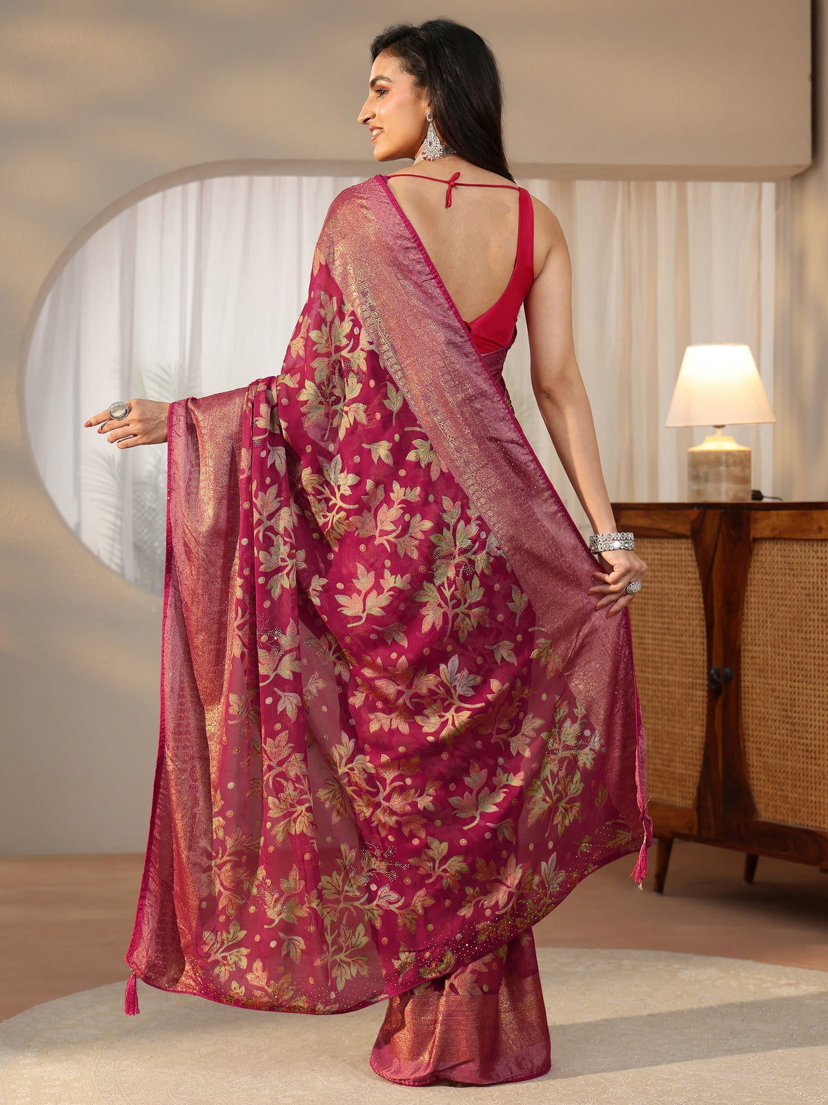 Anouk Crimson Red Floral Printed Silk Blend Saree with Woven Border