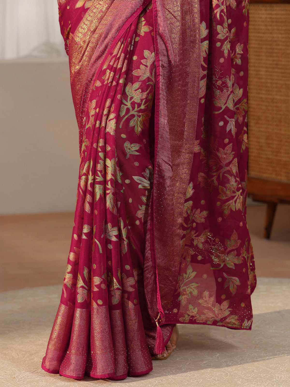 Anouk Crimson Red Floral Printed Silk Blend Saree with Woven Border