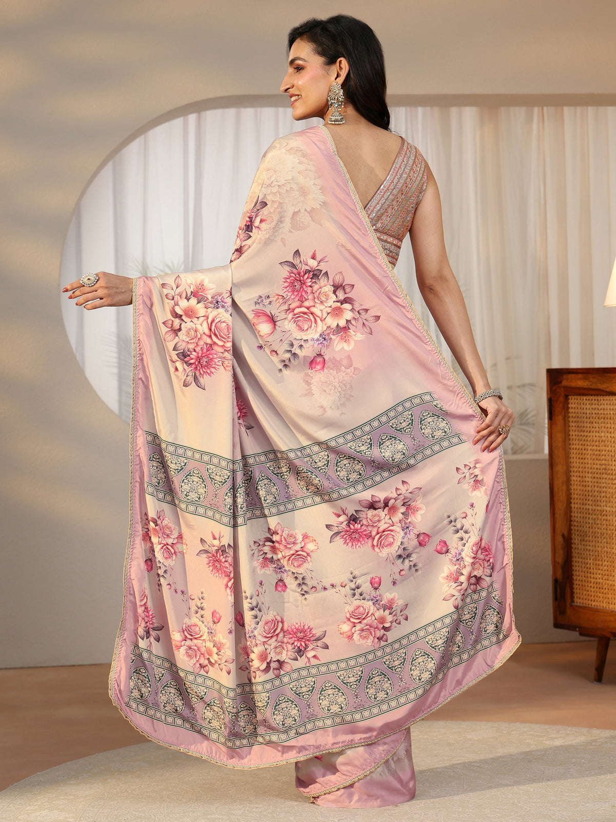 Anouk Light Taupe Floral Printed Satin Saree