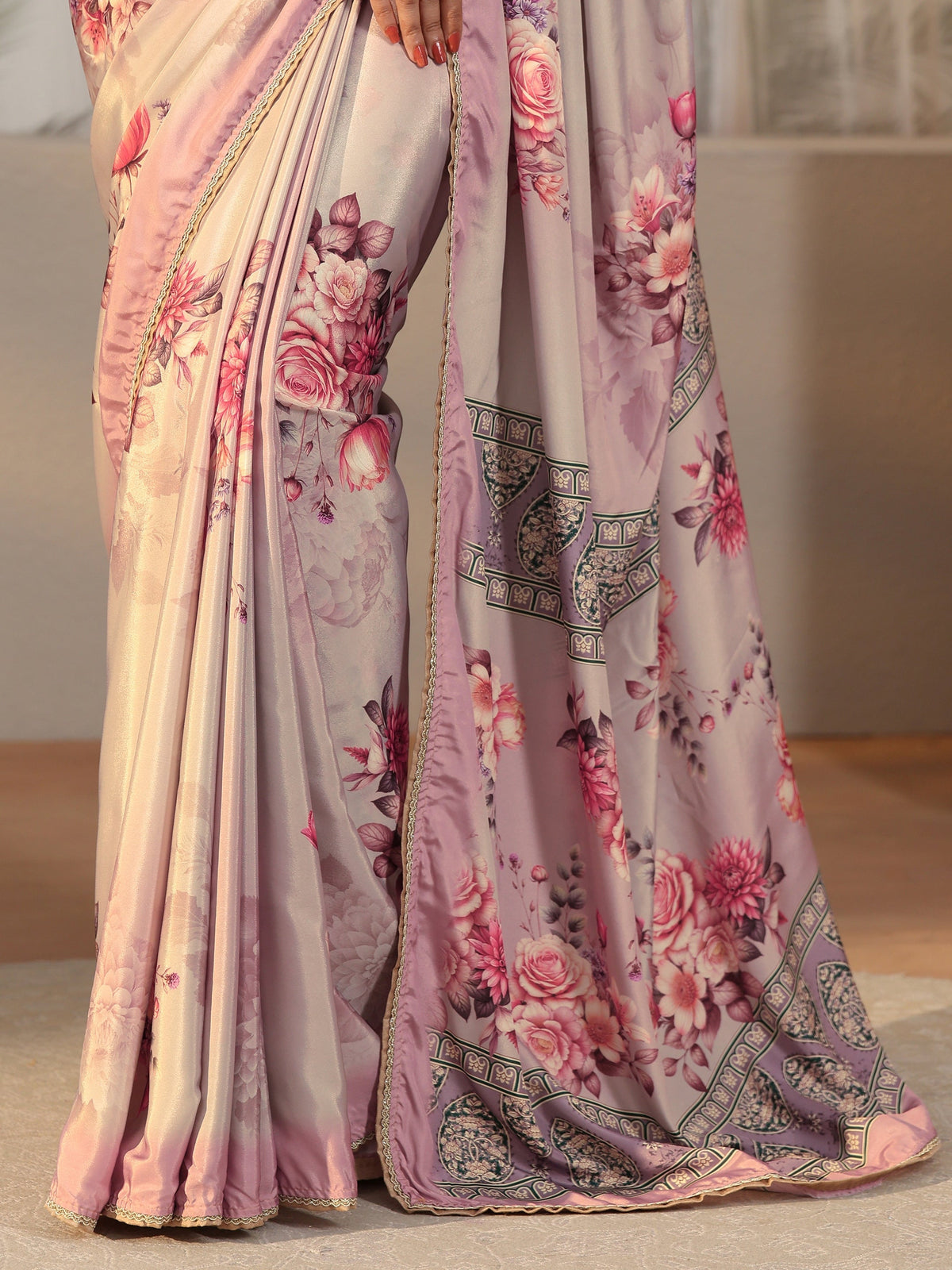 Anouk Light Taupe Floral Printed Satin Saree