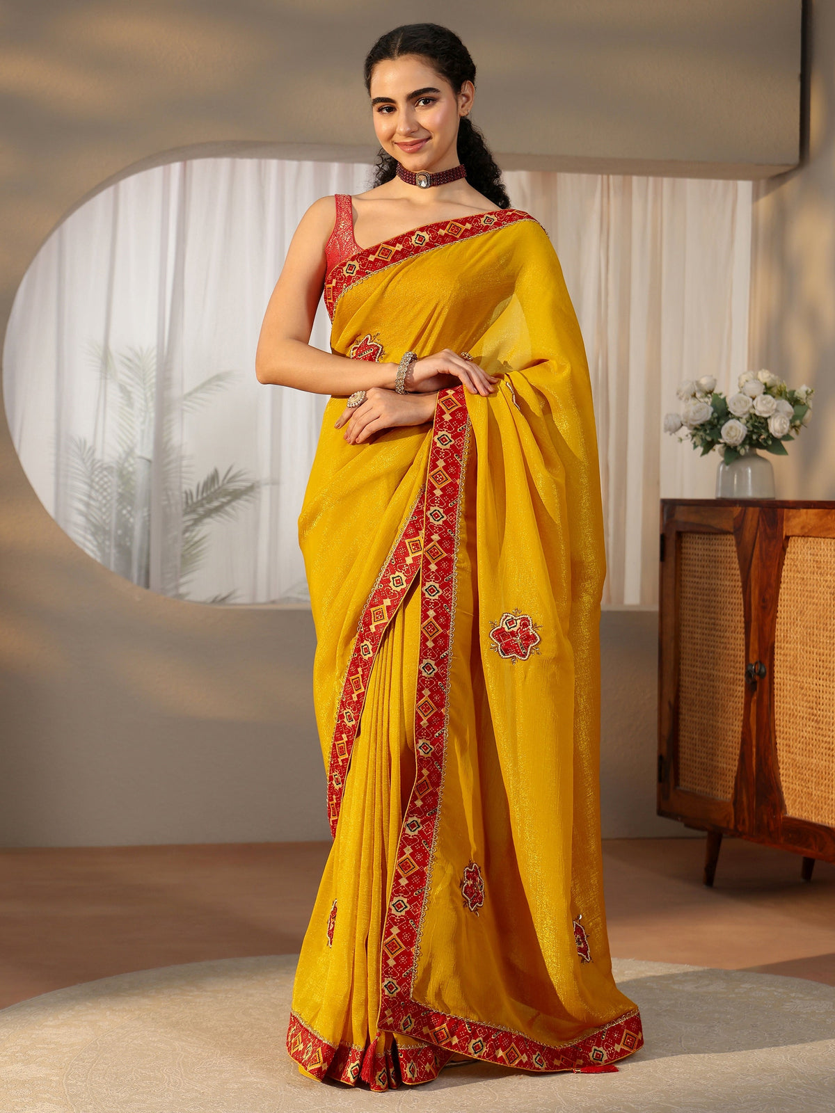 Anouk Mustard Tissue Saree with Patola Border