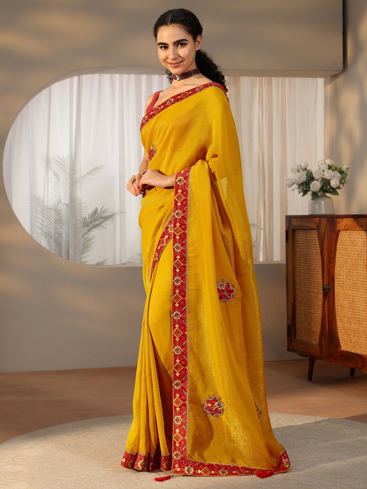 Anouk Mustard Tissue Saree with Patola Border