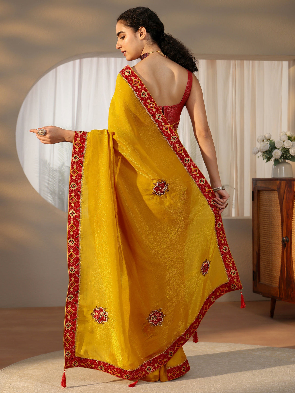 Anouk Mustard Tissue Saree with Patola Border