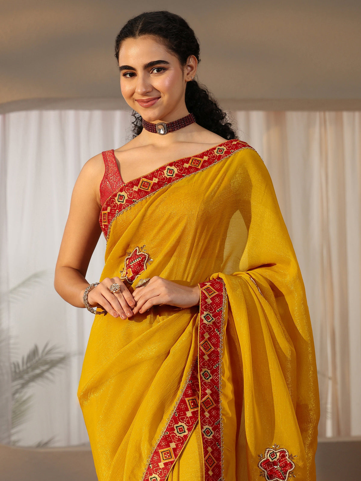 Anouk Mustard Tissue Saree with Patola Border
