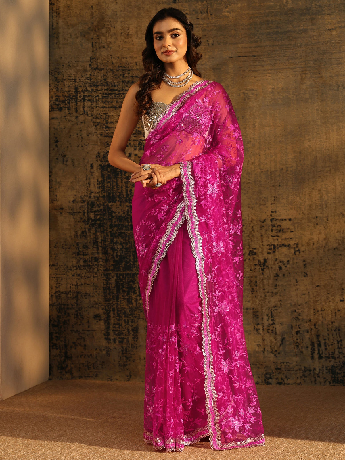 Anouk Rani Pink Floral Embroidered Net Saree