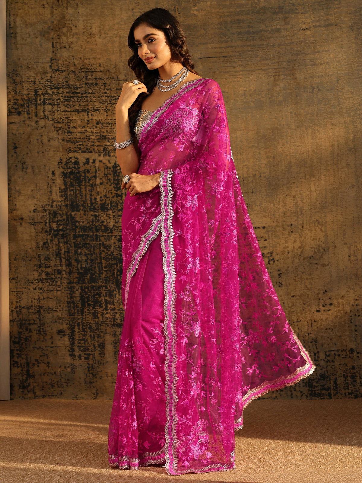 Anouk Rani Pink Floral Embroidered Net Saree