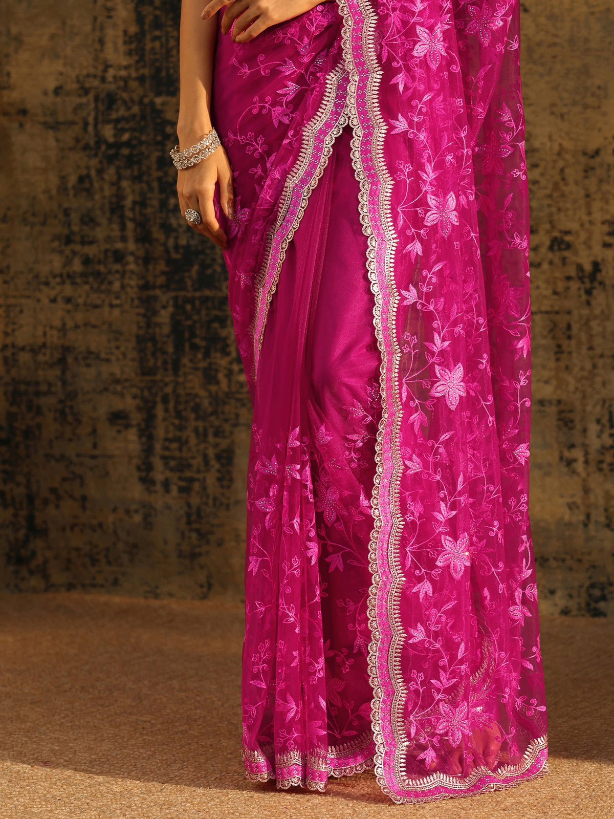 Anouk Rani Pink Floral Embroidered Net Saree