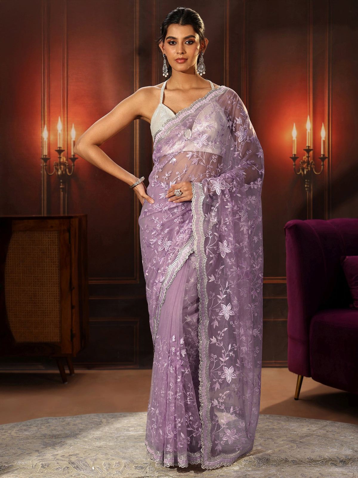 Anouk Lavender Floral Embroidered Net Saree