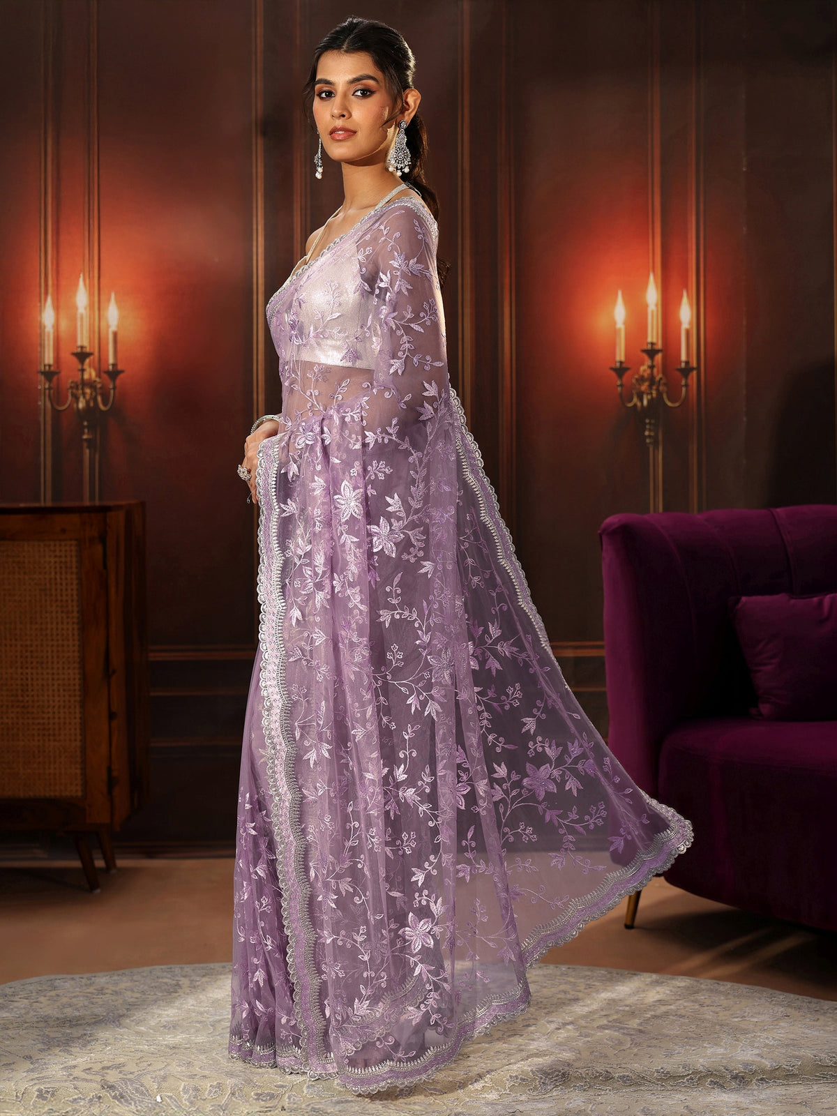 Anouk Lavender Floral Embroidered Net Saree