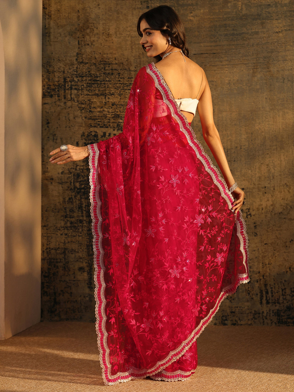 Anouk Vermilion Red Floral Embroidered Net Saree