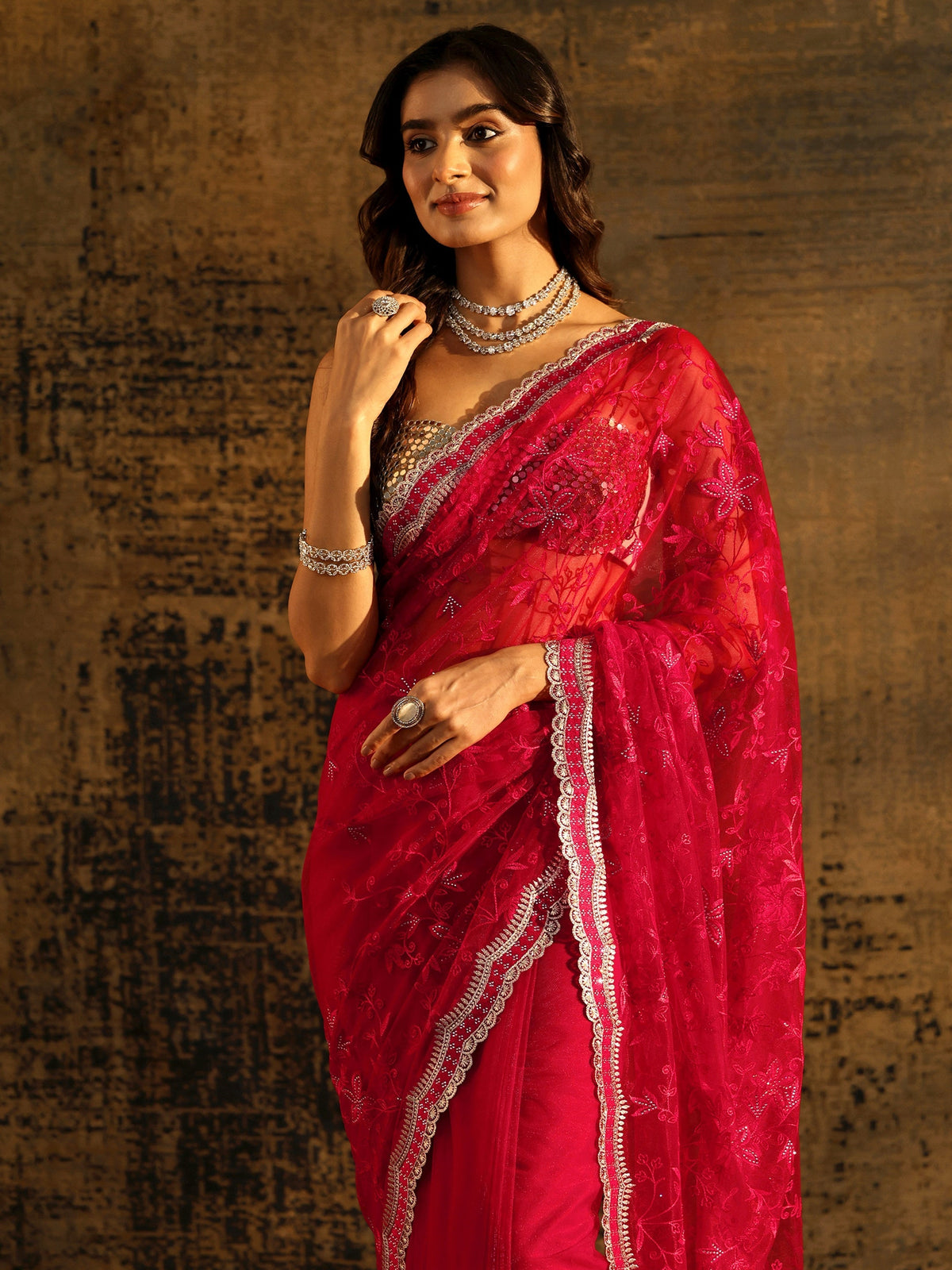 Anouk Vermilion Red Floral Embroidered Net Saree