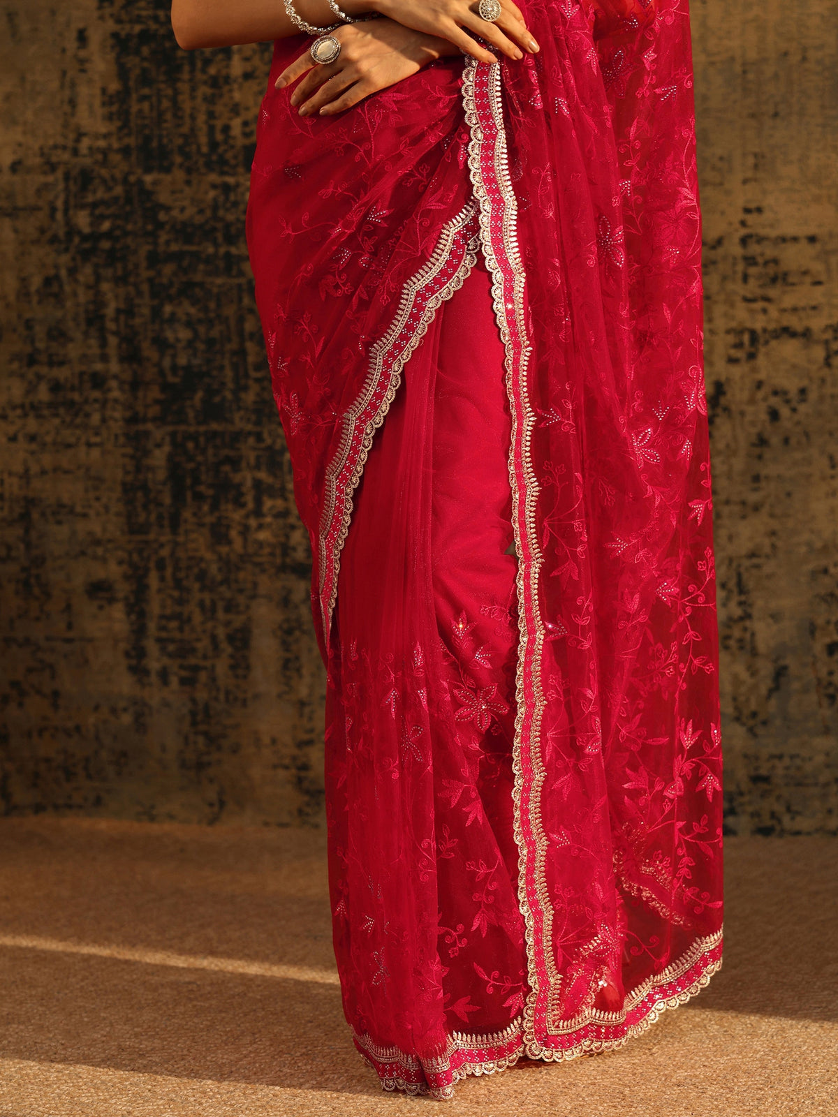 Anouk Vermilion Red Floral Embroidered Net Saree