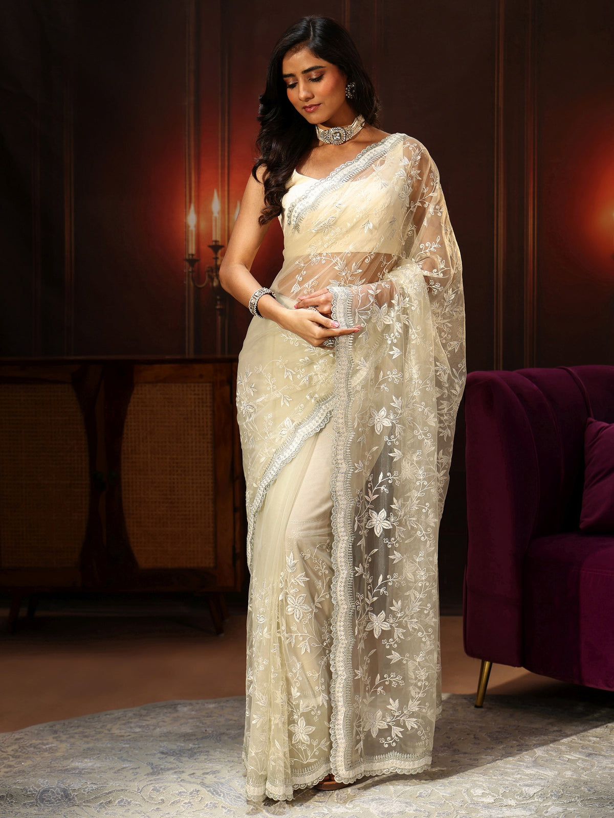 Anouk Cream Floral Embroidered Net Saree