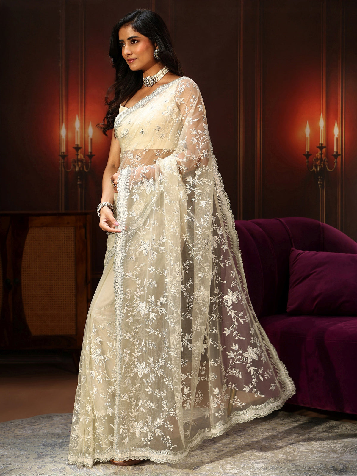 Anouk Cream Floral Embroidered Net Saree