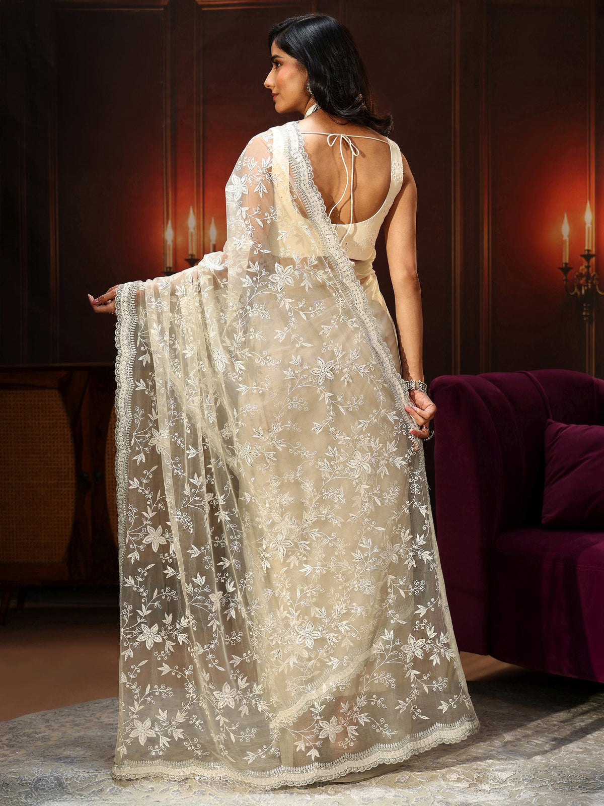 Anouk Cream Floral Embroidered Net Saree
