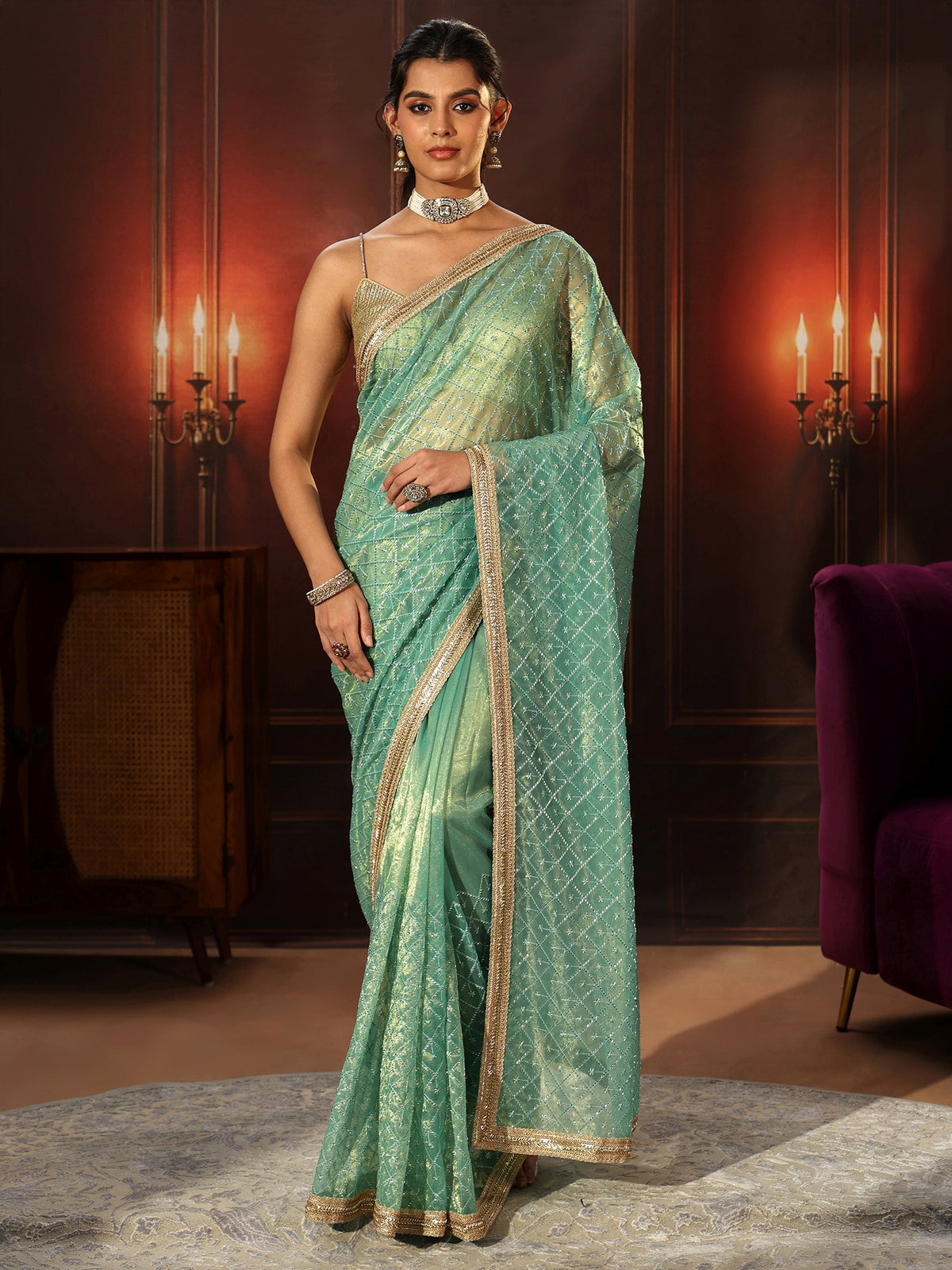 Anouk Sea Blue Embellished Jaal Work Net Saree