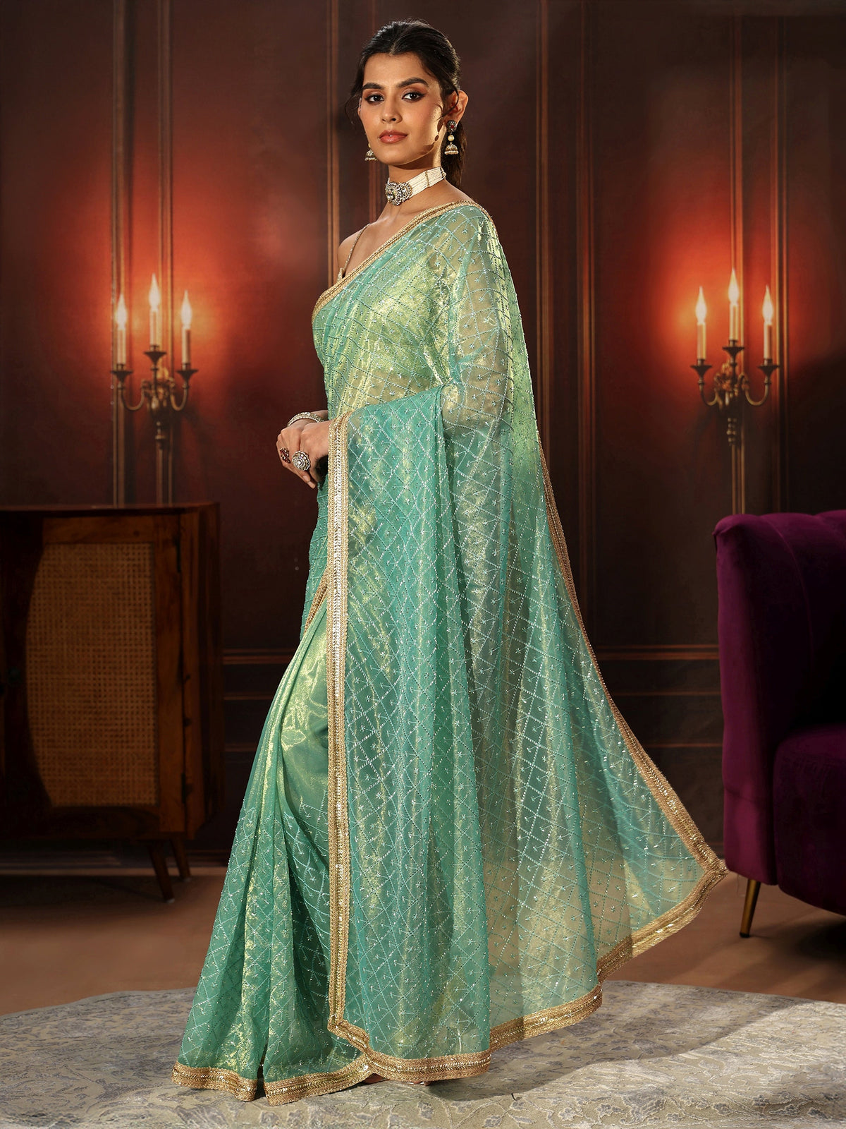 Anouk Sea Blue Embellished Jaal Work Net Saree