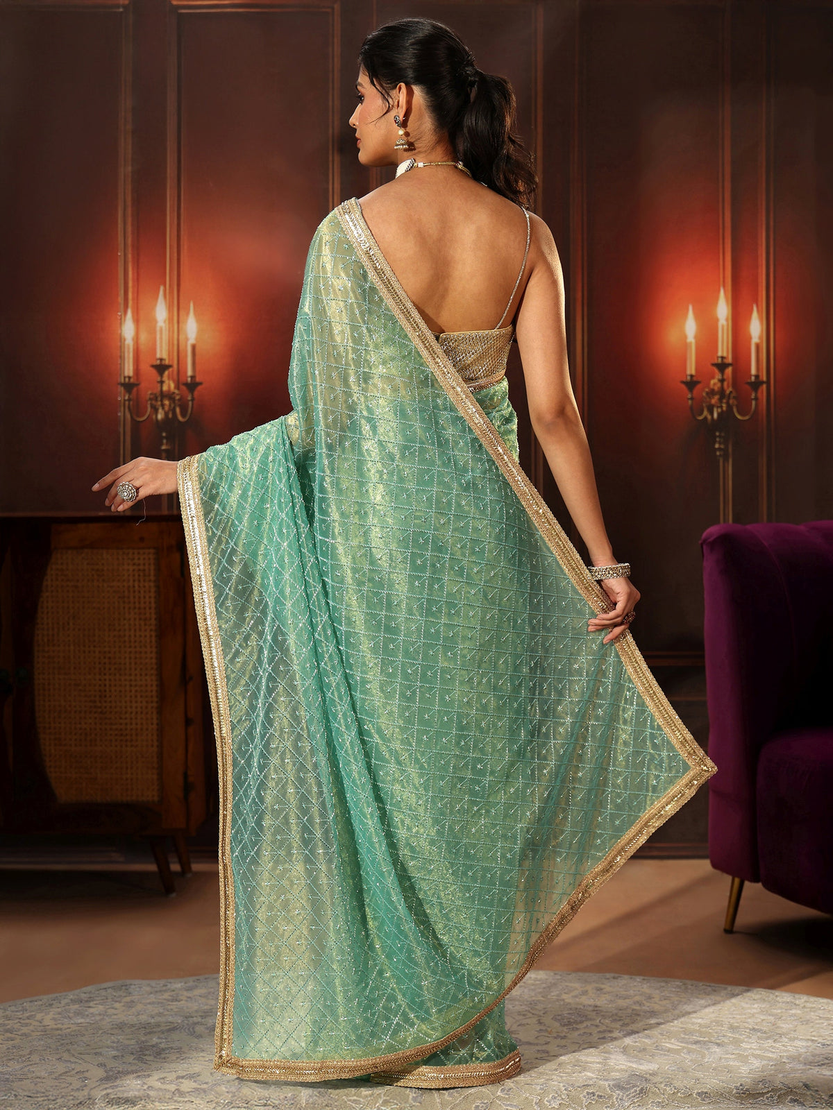 Anouk Sea Blue Embellished Jaal Work Net Saree