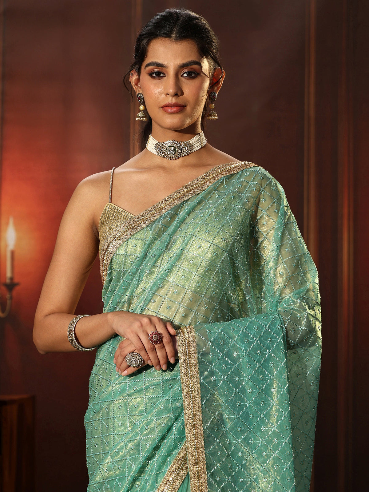 Anouk Sea Blue Embellished Jaal Work Net Saree