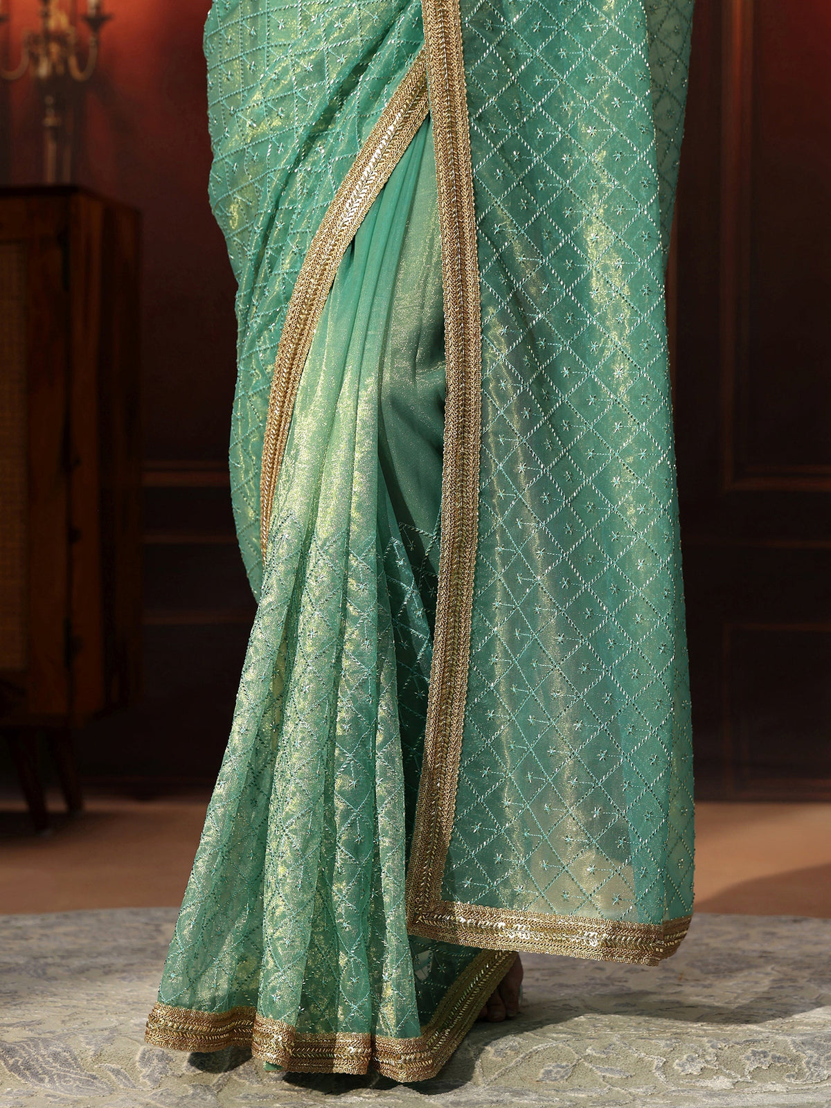Anouk Sea Blue Embellished Jaal Work Net Saree