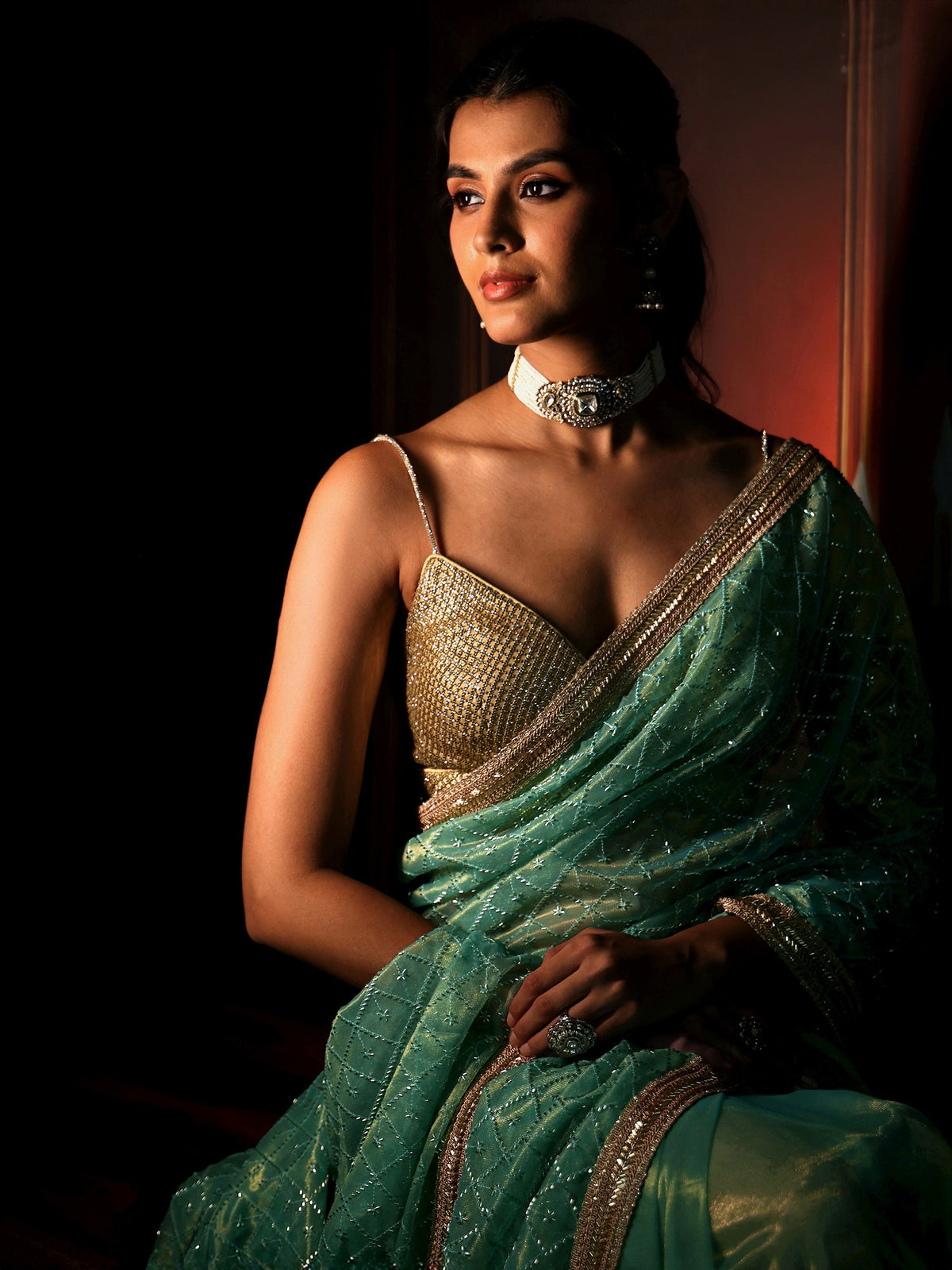 Anouk Sea Blue Embellished Jaal Work Net Saree