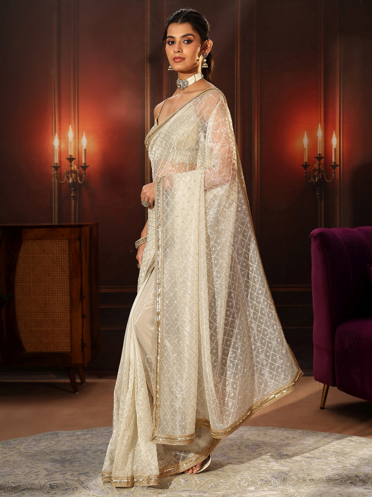 Anouk Cream Embellished Jaal Work Net Saree
