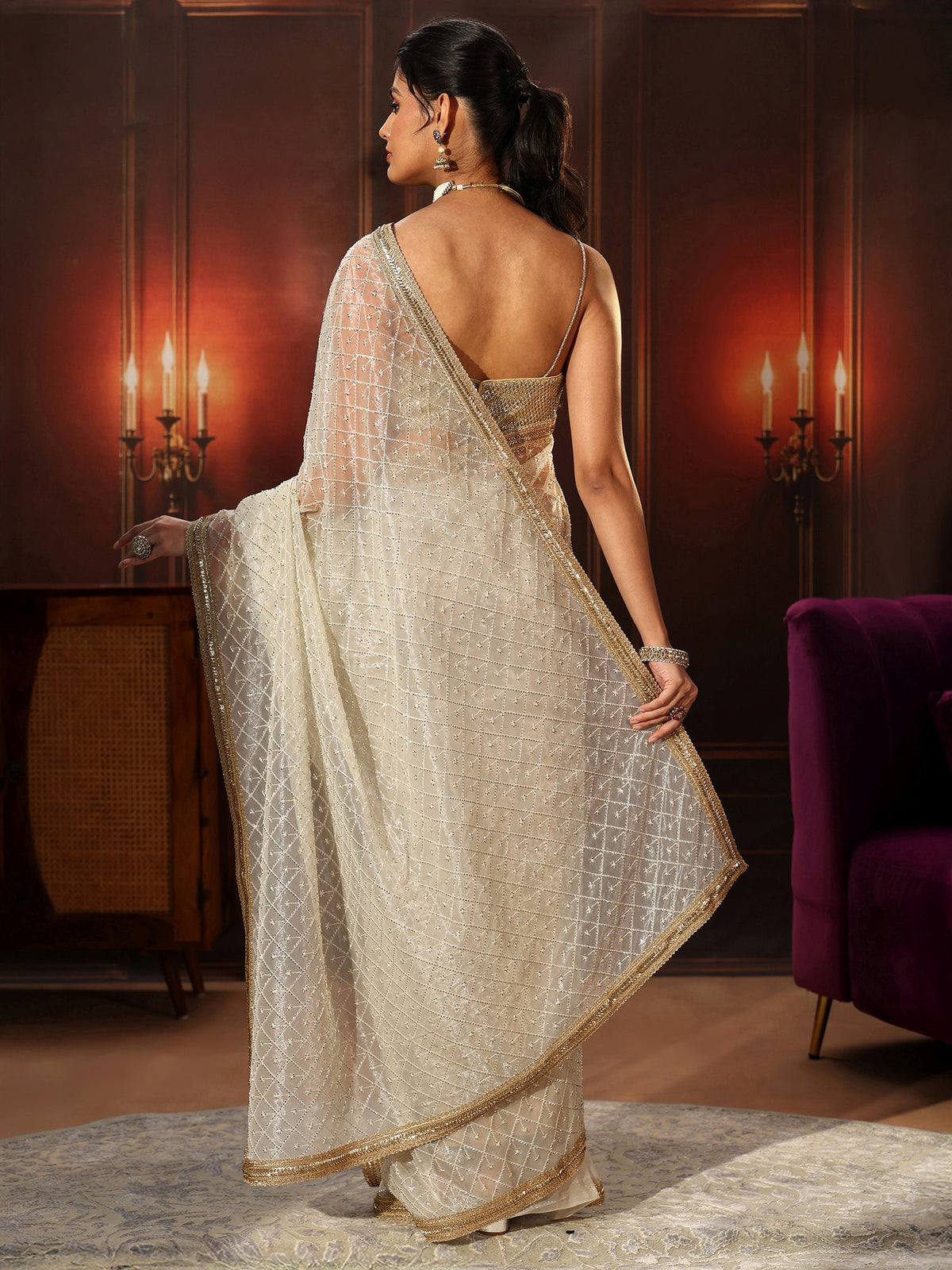 Anouk Cream Embellished Jaal Work Net Saree