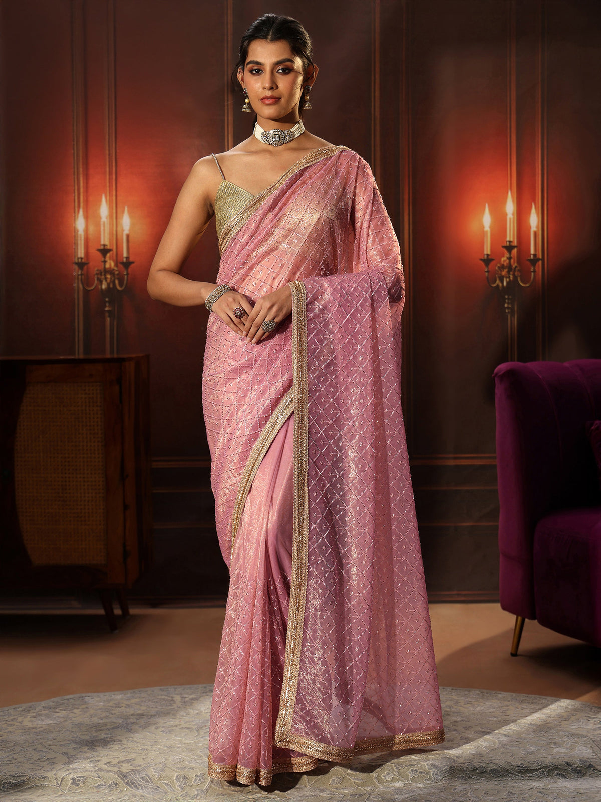 Anouk Baby Pink Embellished Jaal Work Net Saree