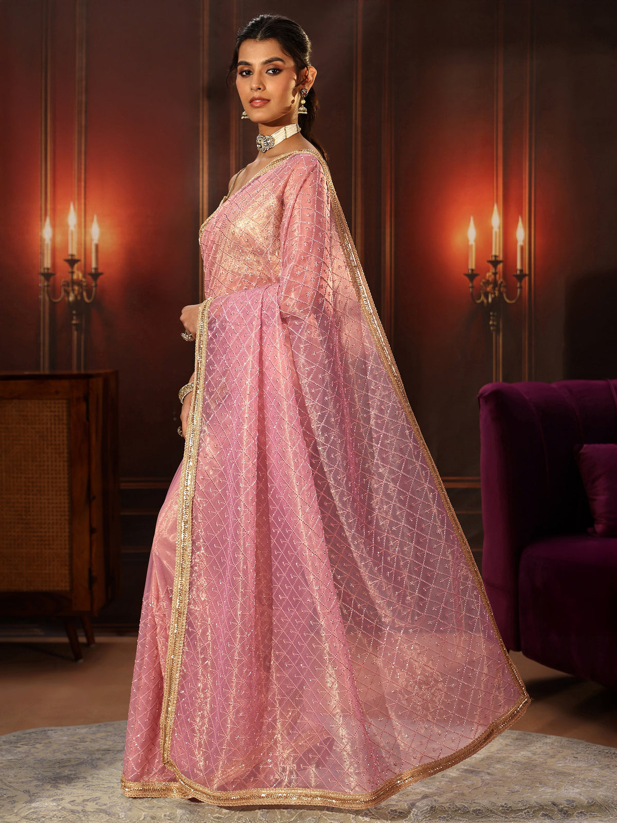 Anouk Baby Pink Embellished Jaal Work Net Saree