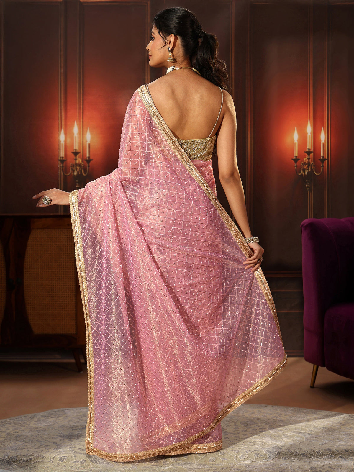 Anouk Baby Pink Embellished Jaal Work Net Saree
