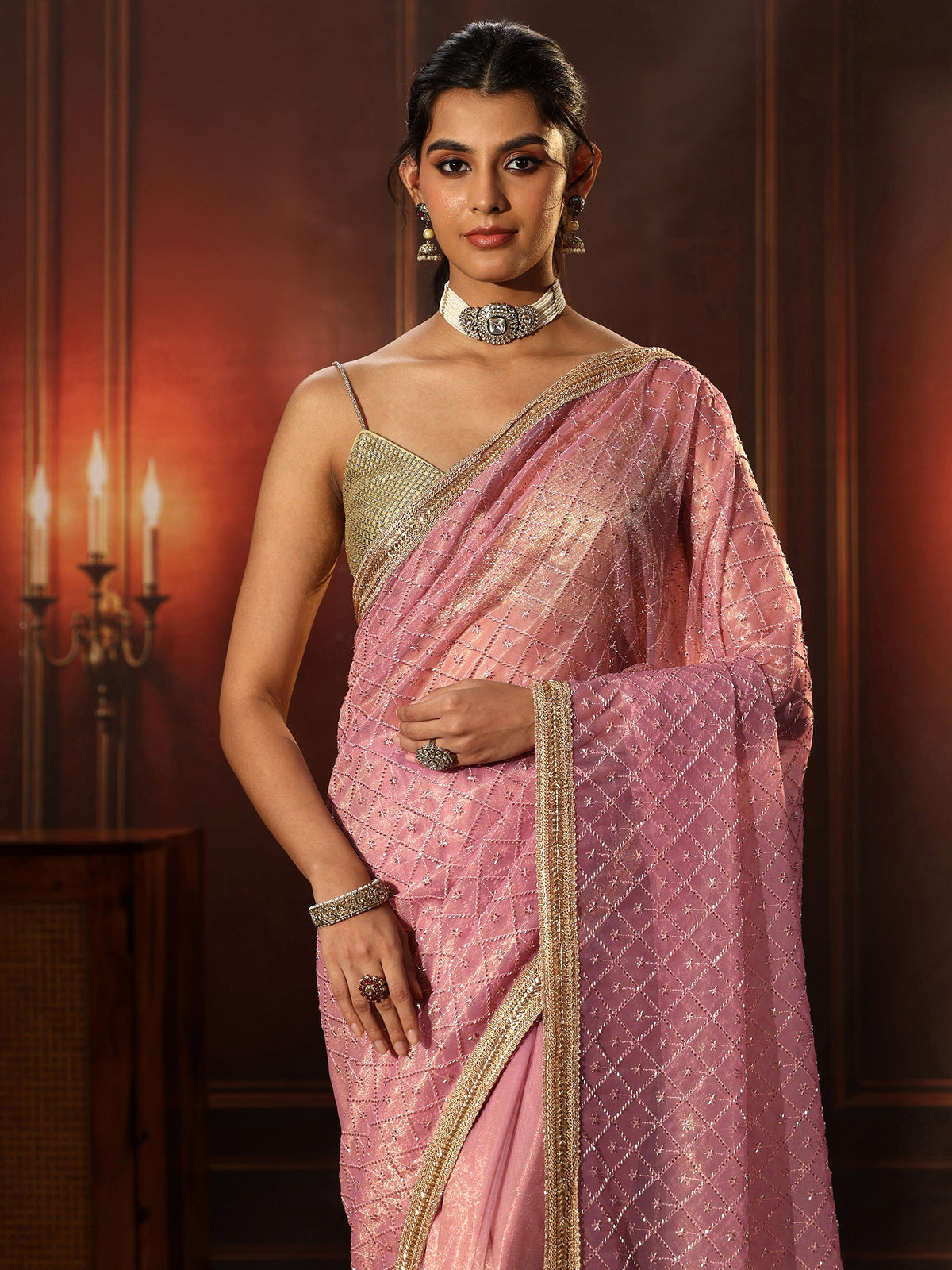 Anouk Baby Pink Embellished Jaal Work Net Saree